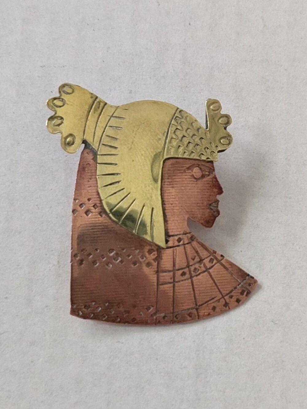 Vintage Inca Bust Headdress Brass Copper Brooch Pin